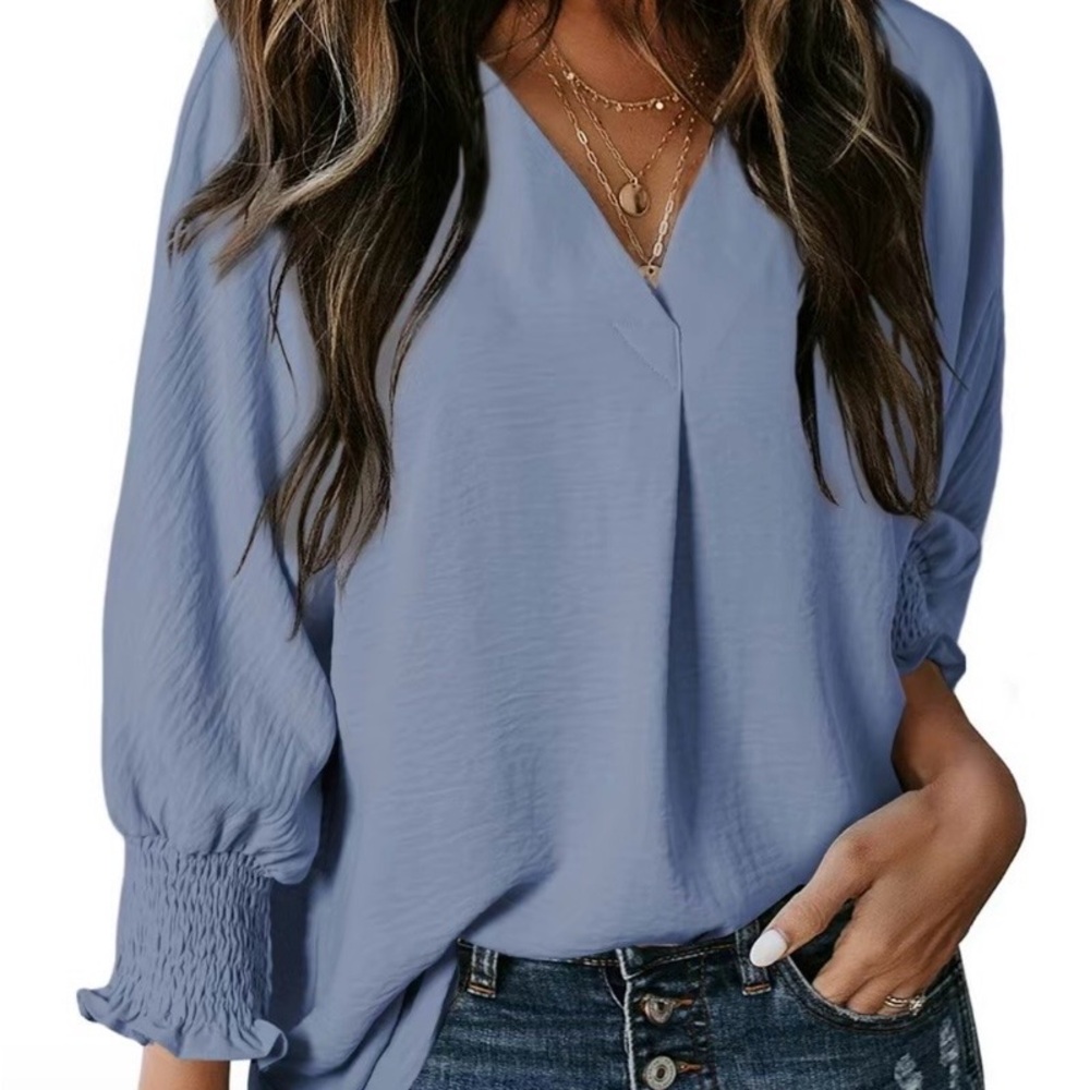 Relaxed V-Neck Smocked Cuff Blouse in Light Blue